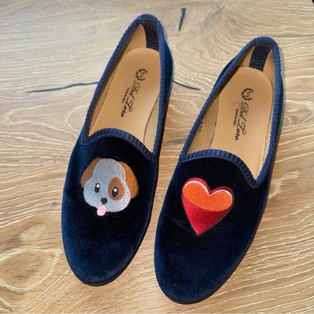 Del Toro Navy Velvet dog heart loafers flats slippers Womens 8 Italian Luxury